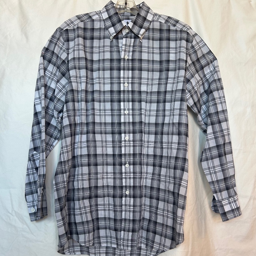 Lorenzini Men's Button Shirt Cotton White and Black Plaid Italian M size Large